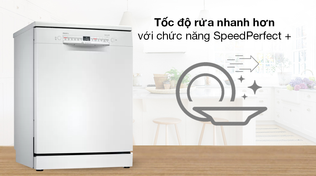 Máy rửa chén độc lập Bosch SMS2IVW01P - Chức năng SpeedPerfect + giảm đến 75% thời gian rửa mà vẫn duy trì hiệu suất rửa và sấy cao