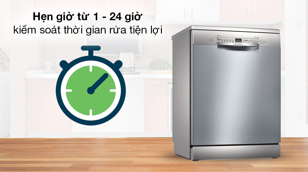 Máy rửa chén độc lập Bosch SMS2HAI12E - Chọn thời gian rửa tùy thích với chức năng hẹn giờ từ 1 - 24 giờ Máy rửa chén độc lập Bosch SMS2HAI12E - Chọn thời gian rửa tùy thích với chức năng hẹn giờ từ 1 - 24 giờ