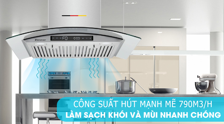 Máy hút mùi kính cong Zemmer G01F6 công suất hút 790m3/h