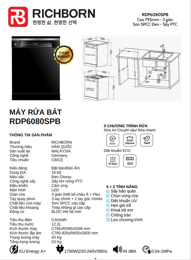 Máy rửa bát Richborn RDP6080SPB