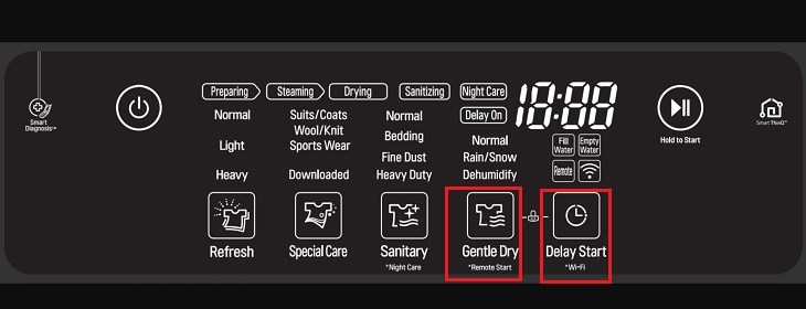 Nhấn 2 phím Gentle Dry và Delay Start cùng một lúc để khóa bảng điều khiển Nhấn 2 phím Gentle Dry và Delay Start cùng một lúc để khóa bảng điều khiển