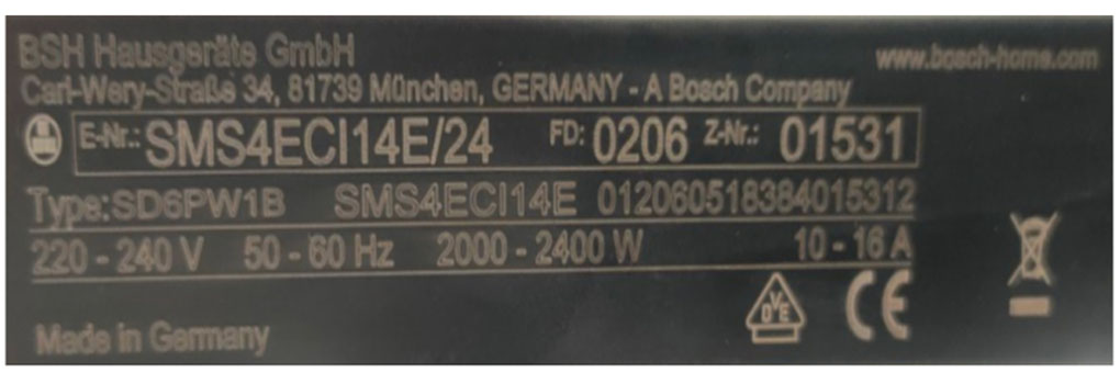 Máy rửa bát bosch sms4eci14e chính hãng. Thông tin ở trên cánh máy Máy rửa bát bosch sms4eci14e chính hãng. Thông tin ở trên cánh máy